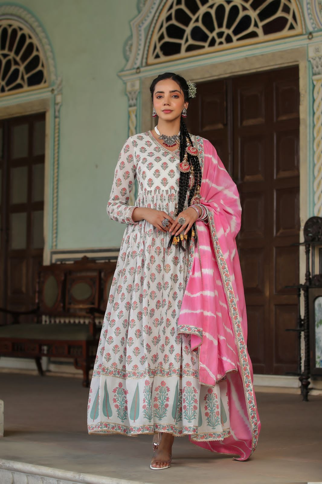 Pink Hand Block Printed Cotton Mulmul Gown with Dupatta