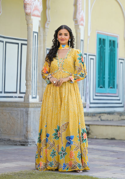 alia cut dress Alia cut floral printed long dress with neck detailing – Dhaage