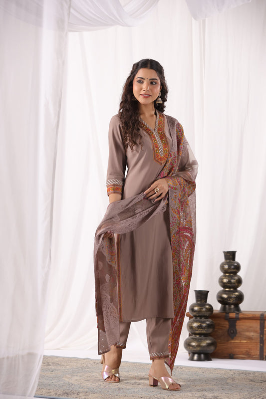 Brown Taupe Suit Set with Brasso Dupatta