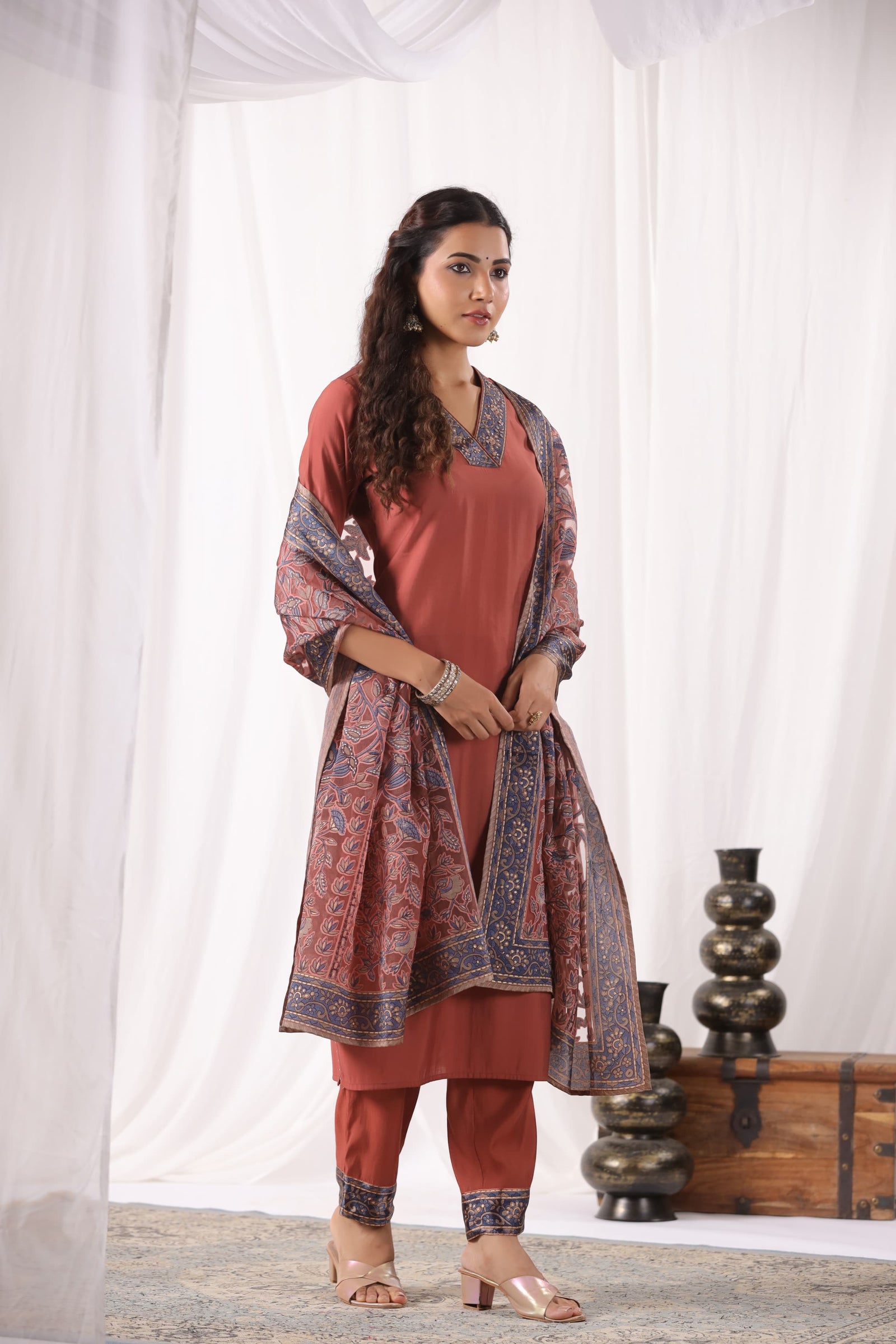 Rust Brown Suit Set with Brasso Dupatta