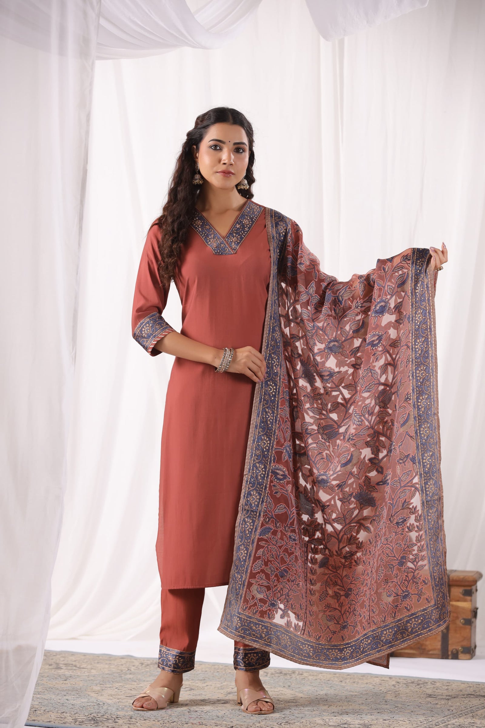 Rust Brown Suit Set with Brasso Dupatta