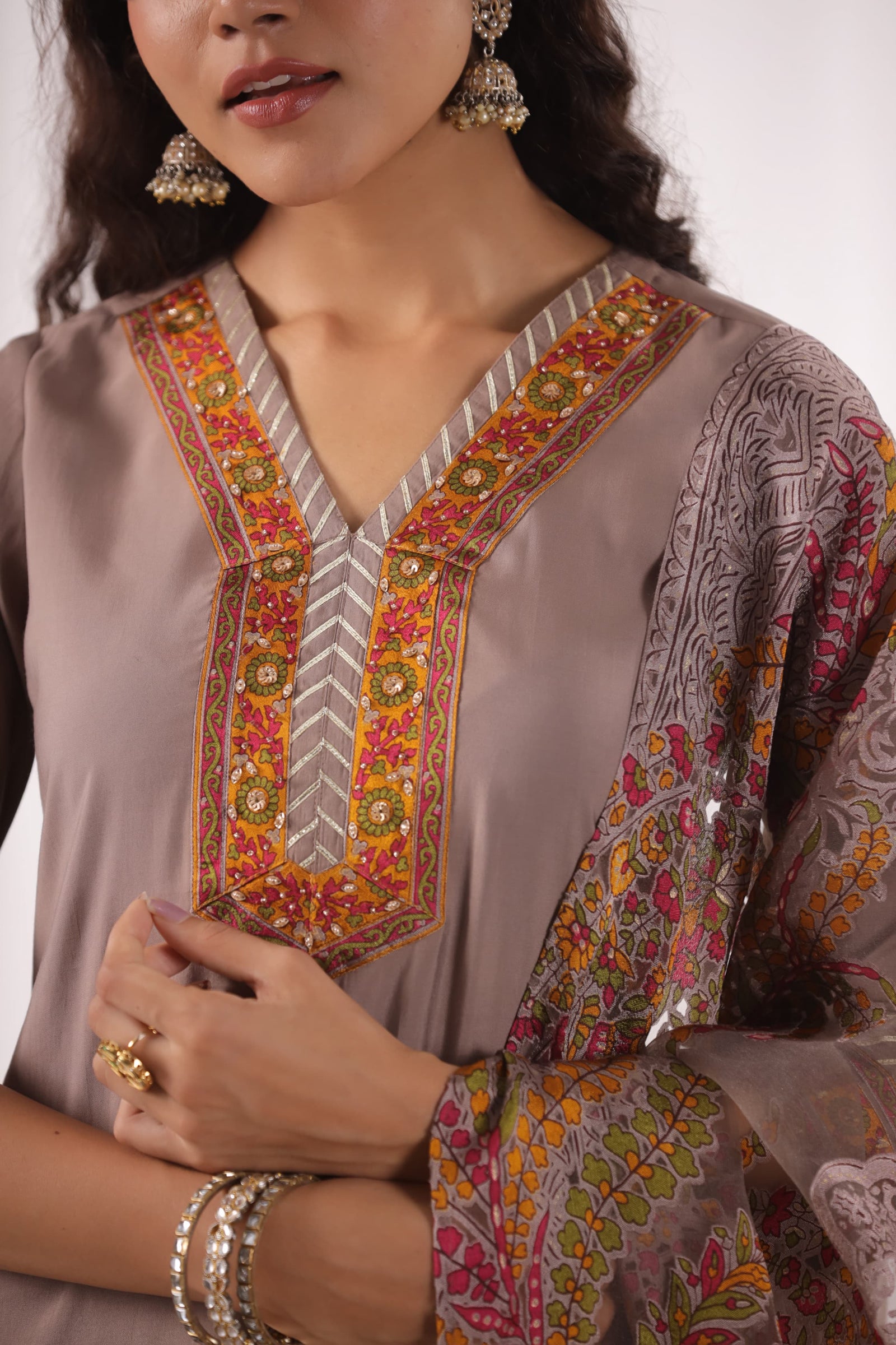 Brown Taupe Suit Set with Brasso Dupatta