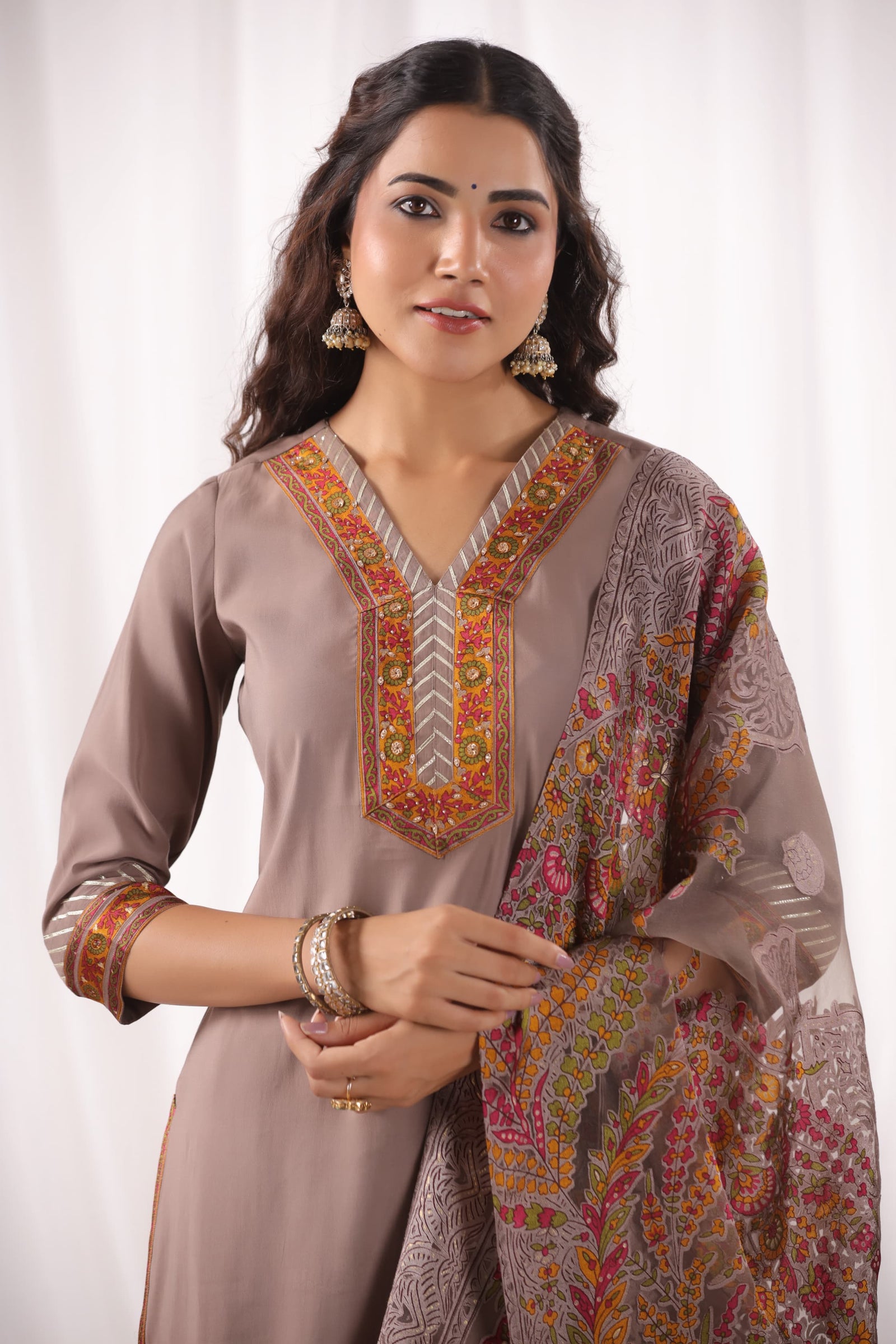 Brown Taupe Suit Set with Brasso Dupatta