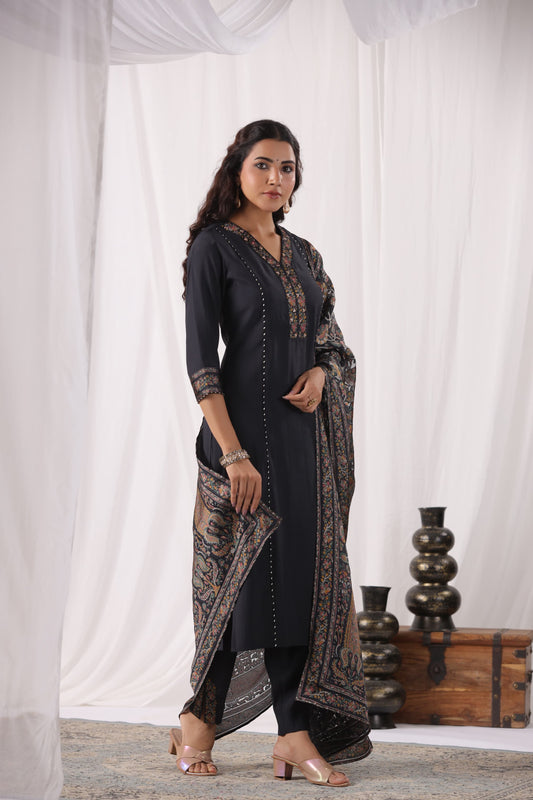 Black Muslin Suit Set with Brasso dupatta