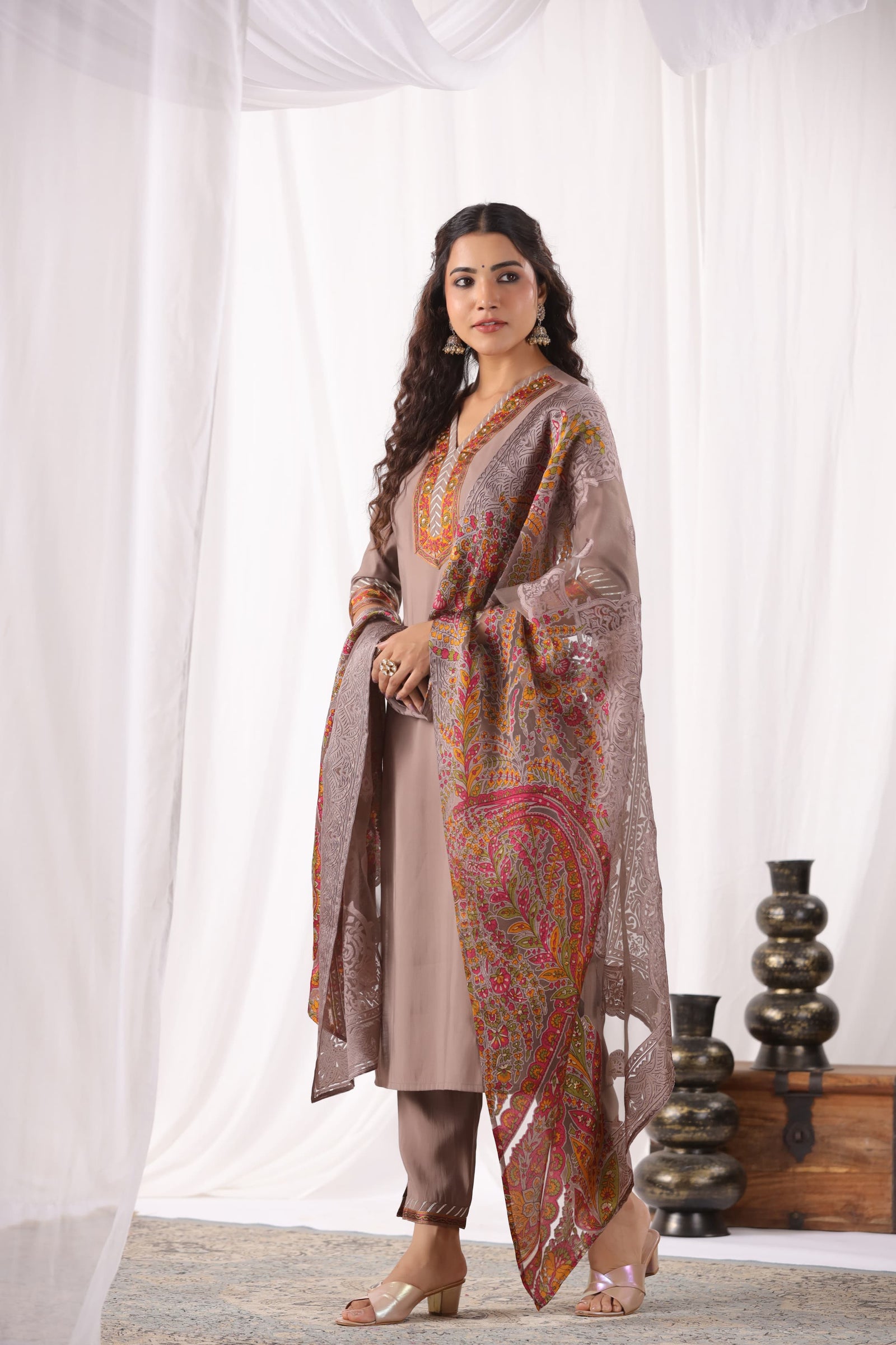 Brown Taupe Suit Set with Brasso Dupatta