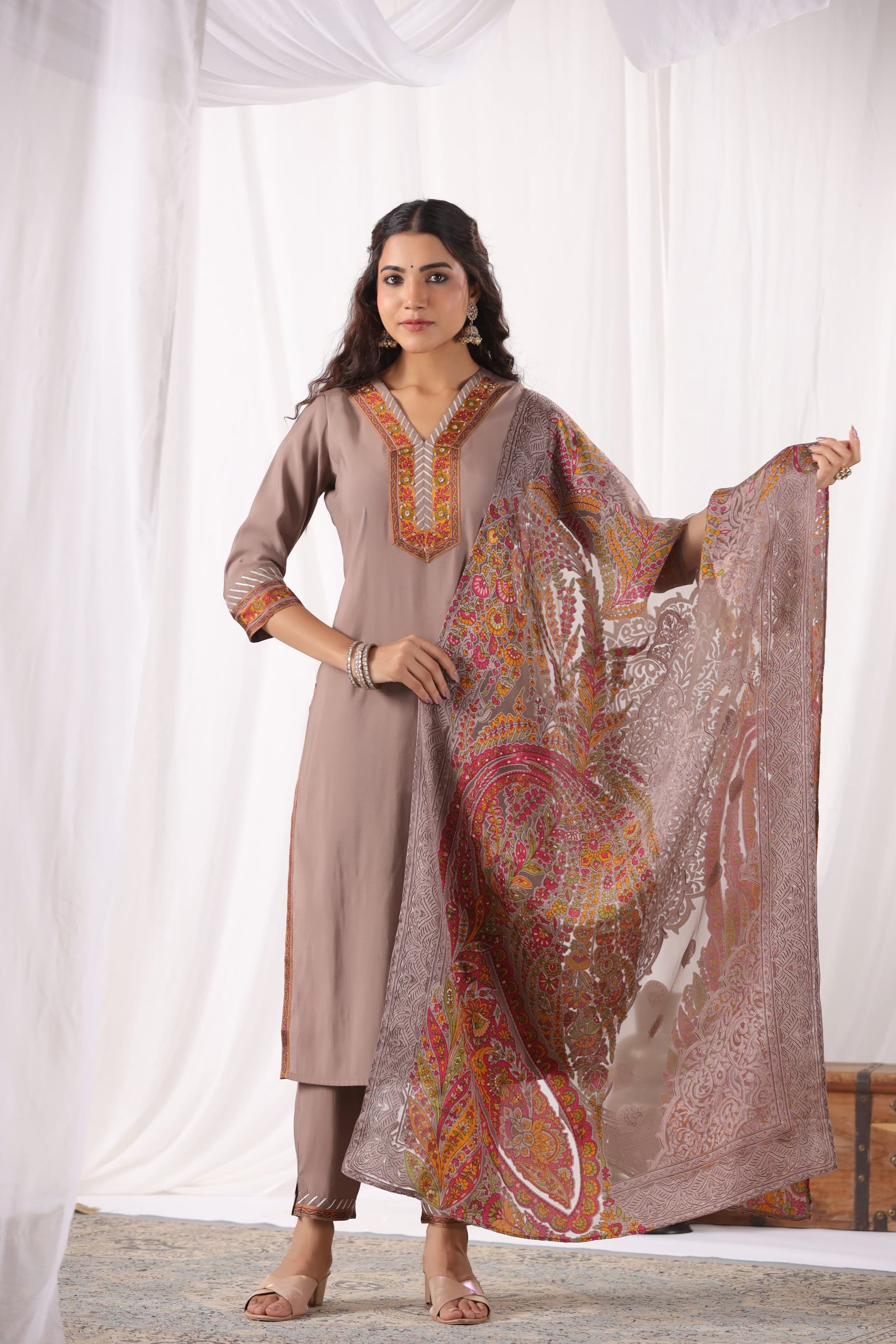 Brown Taupe Suit Set with Brasso Dupatta