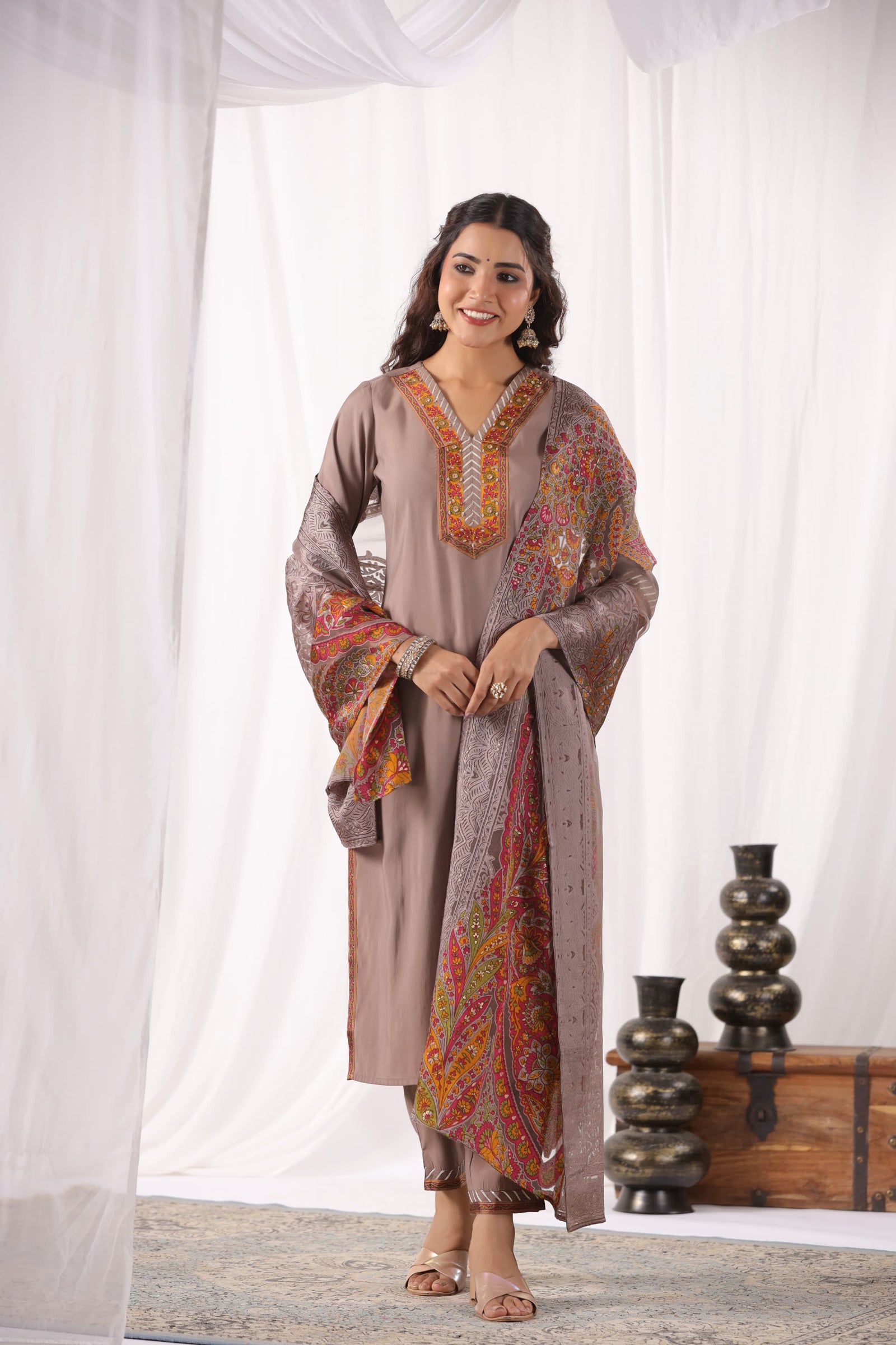 Brown Taupe Suit Set with Brasso Dupatta