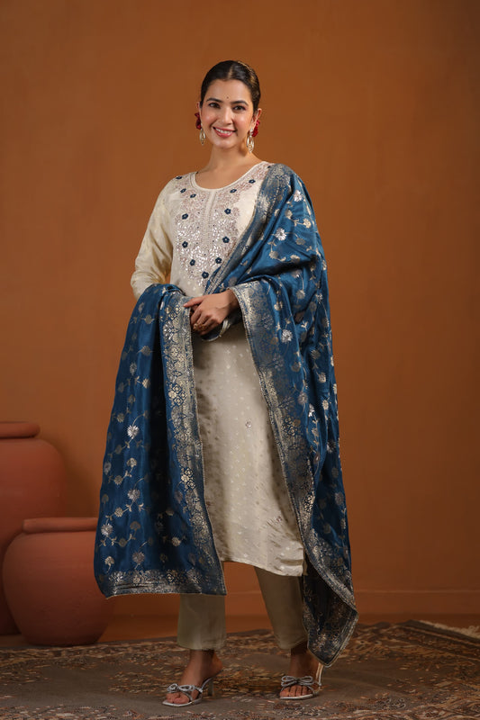 Ivory Suit Set with Blue Banarasi Dupatta