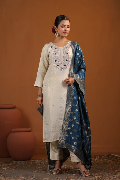 Ivory Suit Set with Blue Banarasi Dupatta