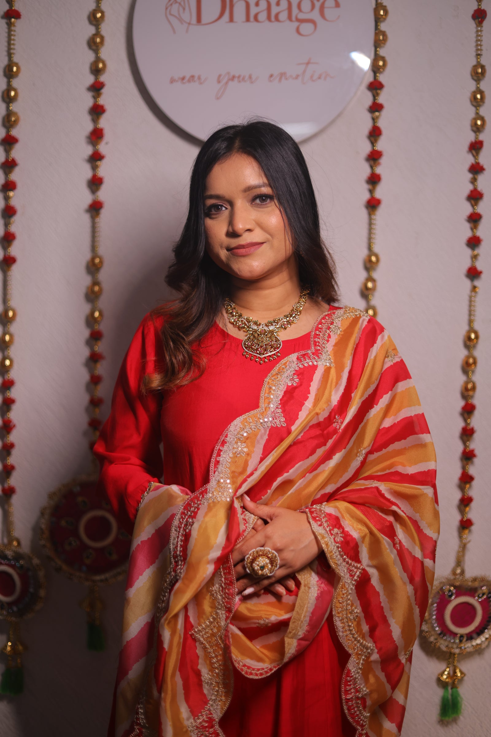 Pink Anarkali with Leheriya Dupatta in Gota Embroidery