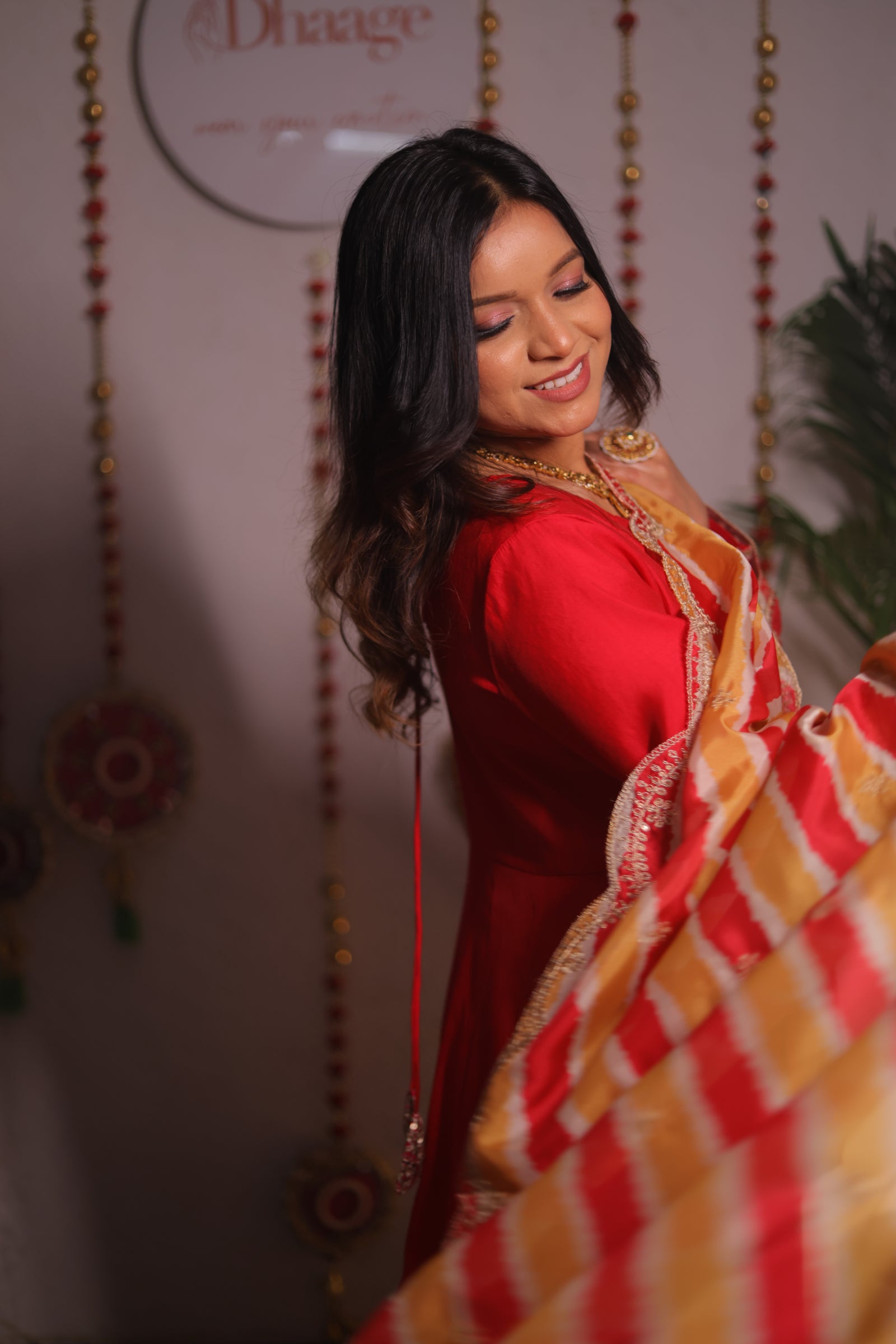 Pink Anarkali with Leheriya Dupatta in Gota Embroidery