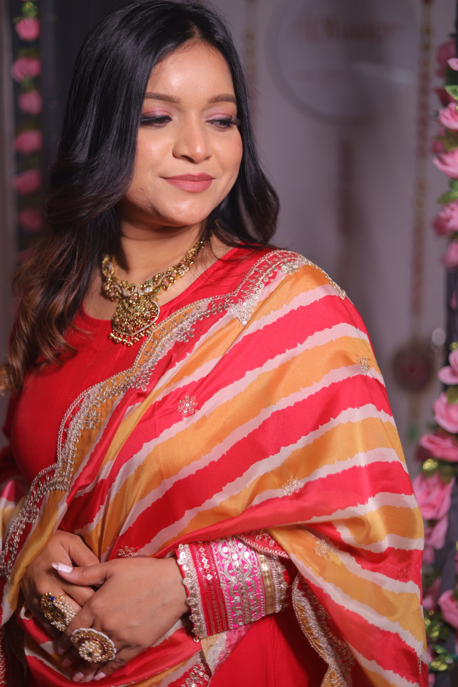 Pink Anarkali with Leheriya Dupatta in Gota Embroidery