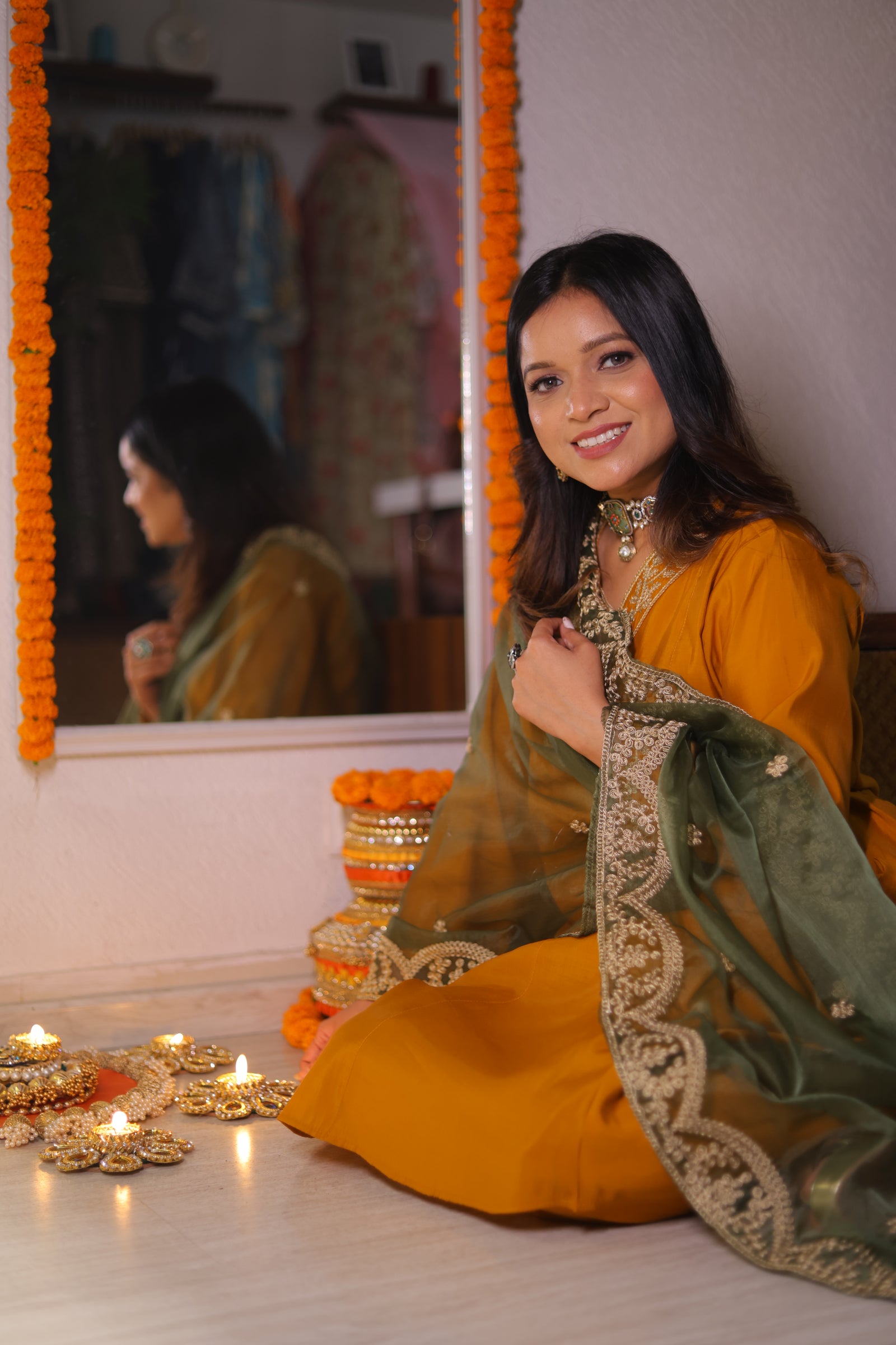 Mustard Yellow Modal Silk Embellished Kurta With Organza Dupatta