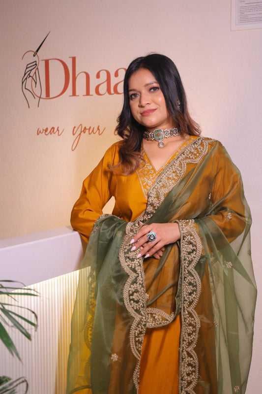 Mustard Yellow Modal Silk Embellished Kurta With Organza Dupatta