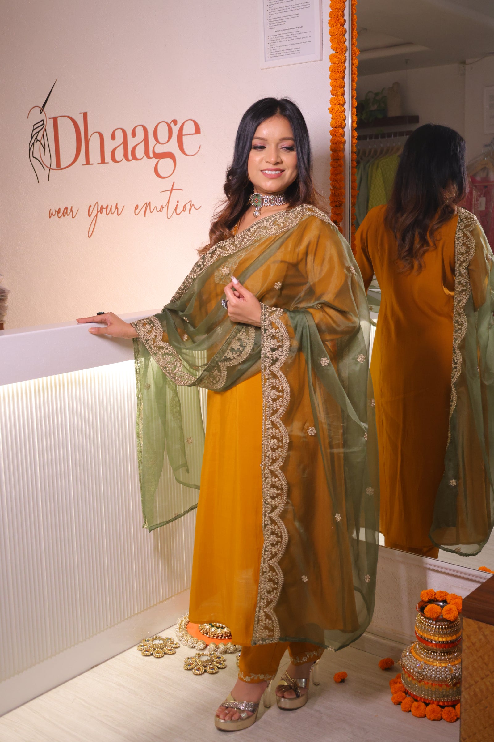 Mustard Yellow Modal Silk Embellished Kurta With Organza Dupatta