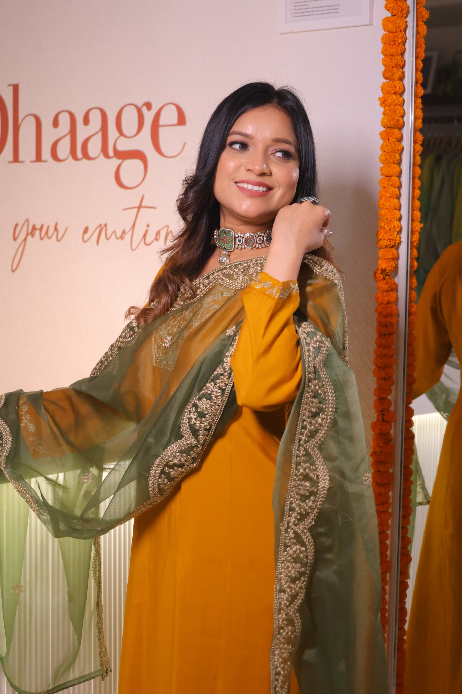 Mustard Yellow Modal Silk Embellished Kurta With Organza Dupatta