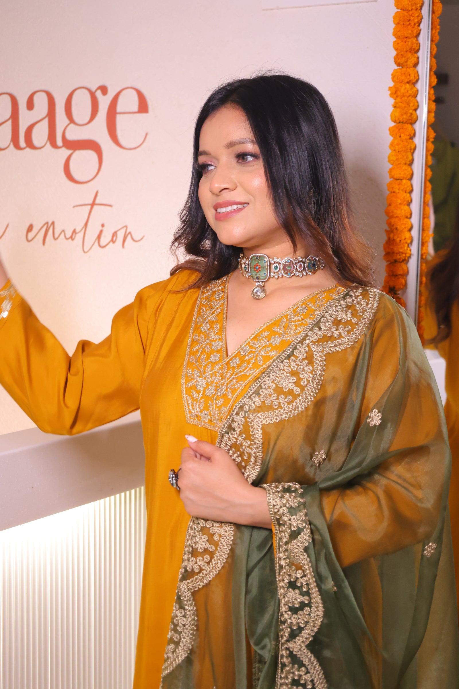 Mustard Yellow Modal Silk Embellished Kurta With Organza Dupatta