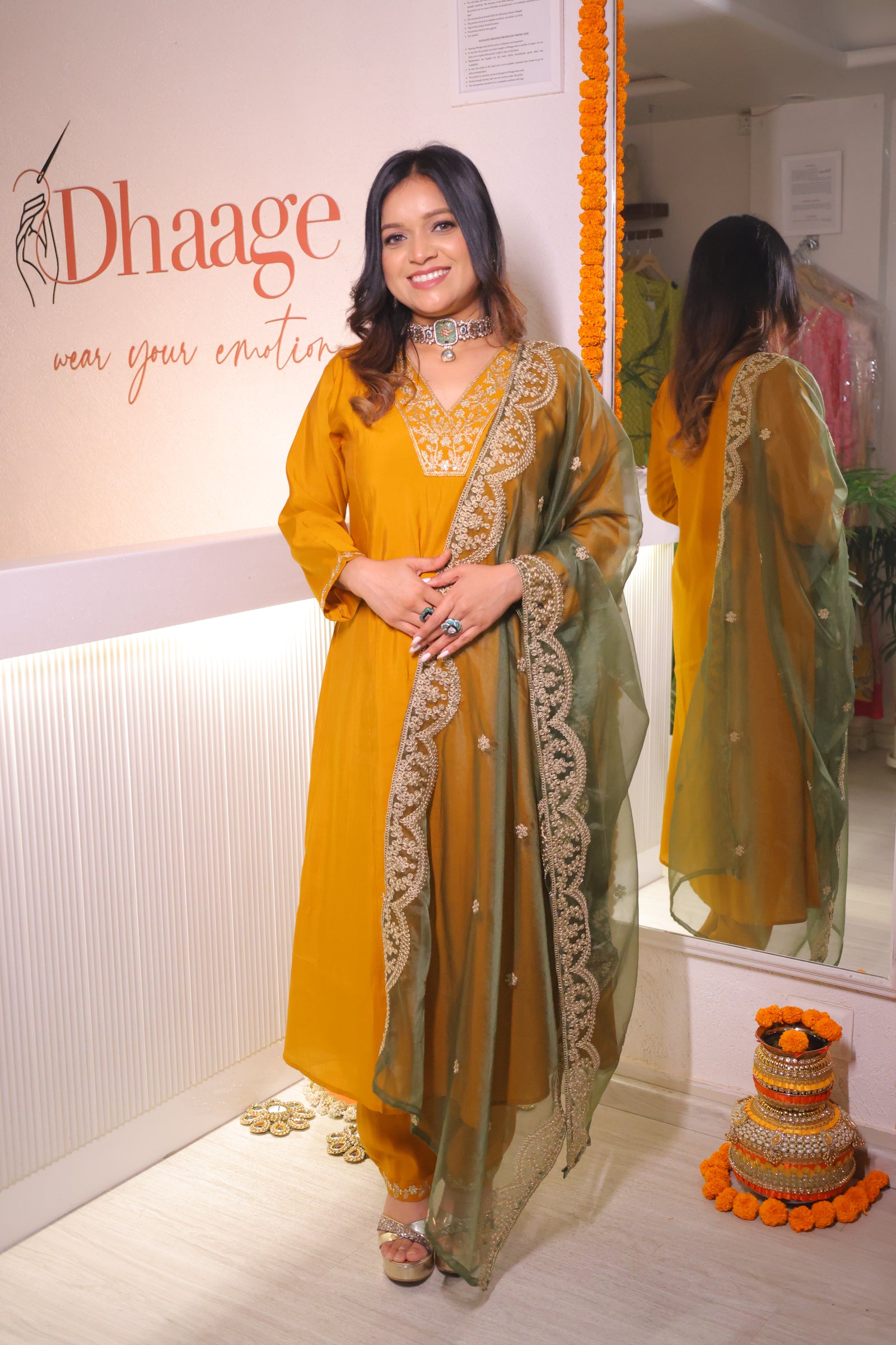 Mustard Yellow Modal Silk Embellished Kurta With Organza Dupatta