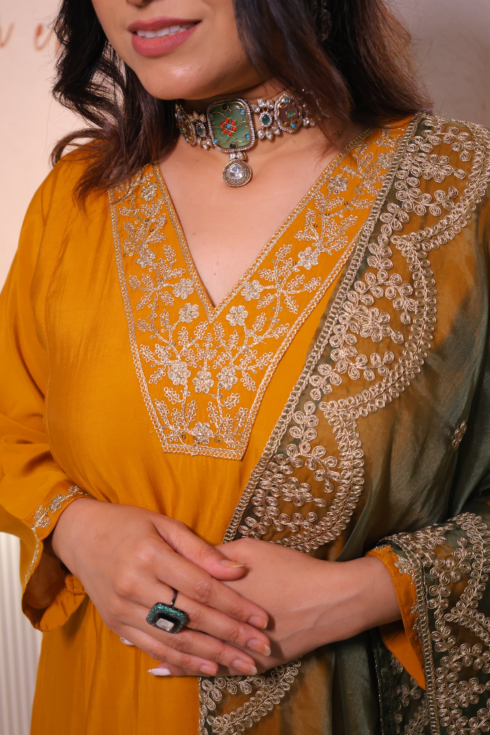 Mustard Yellow Modal Silk Embellished Kurta With Organza Dupatta