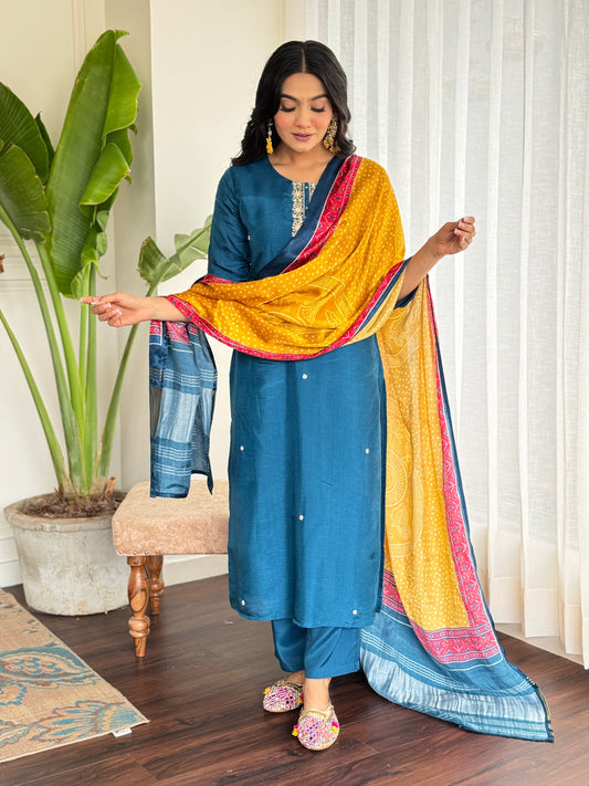 Silk Peacock Blue Suit