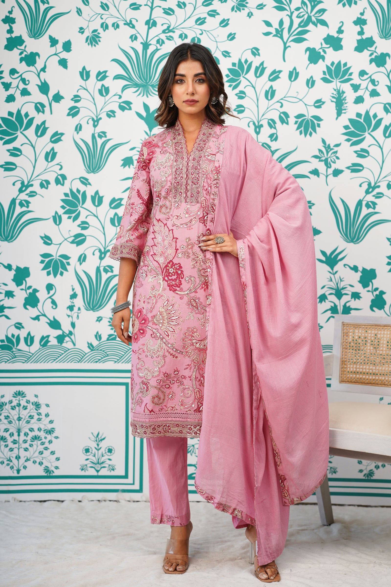 Pink Printed Suit Set with Dupatta