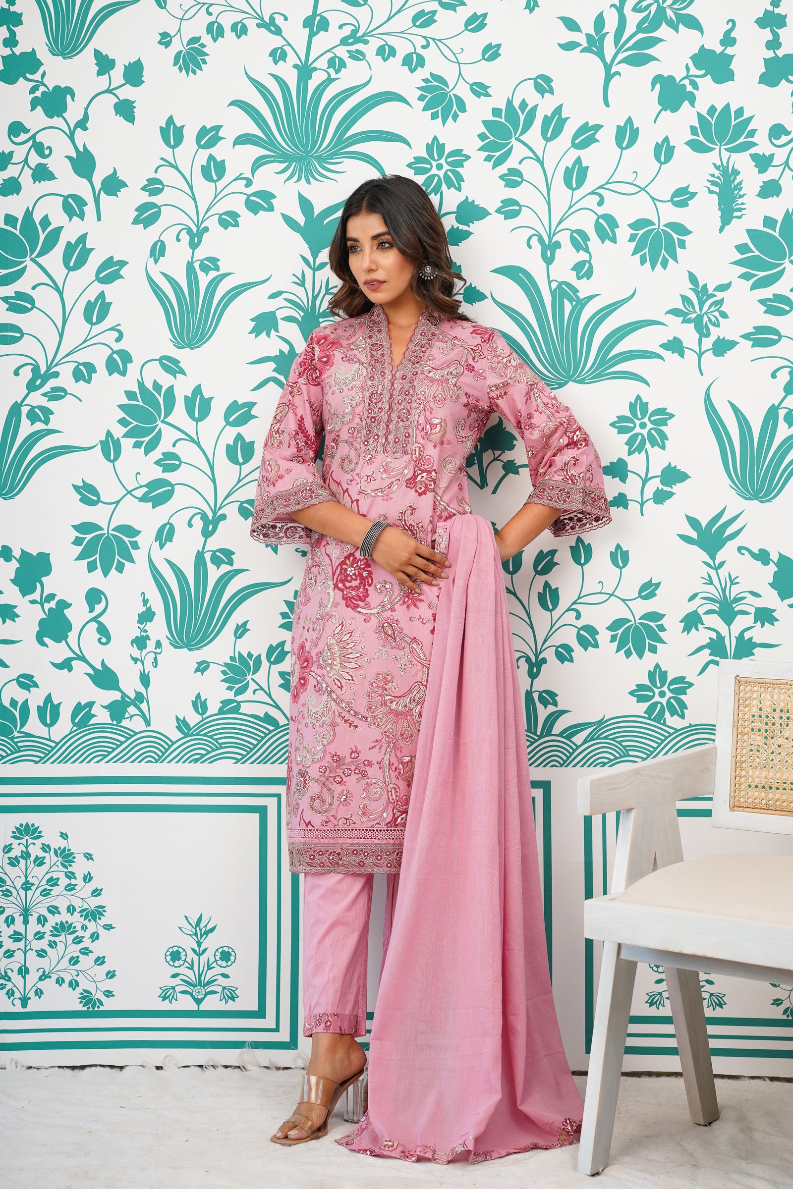 Pink Printed Suit Set with Dupatta