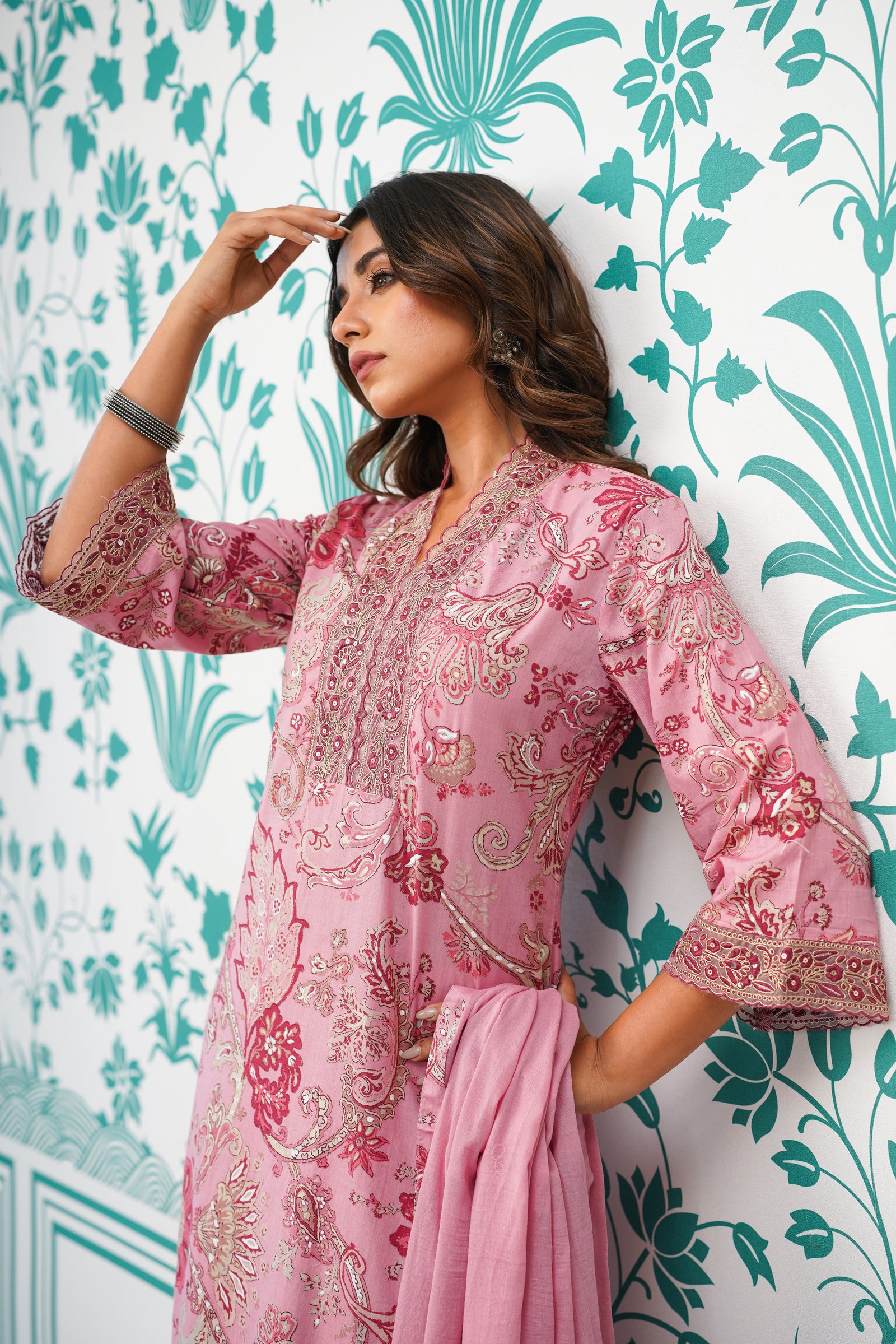 Pink Printed Suit Set with Dupatta