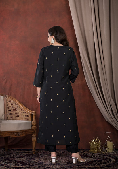 Black Embroidered Straight Suit Set