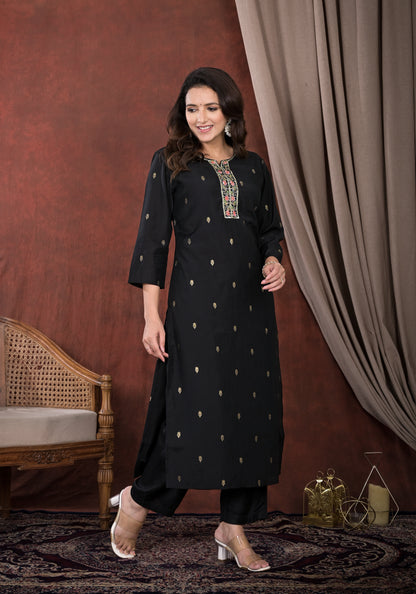 Black Embroidered Straight Suit Set