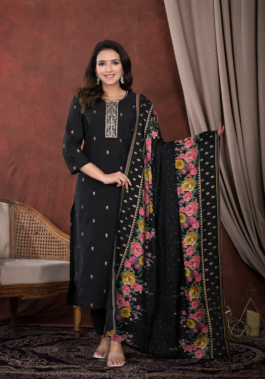Black Embroidered Straight Suit Set