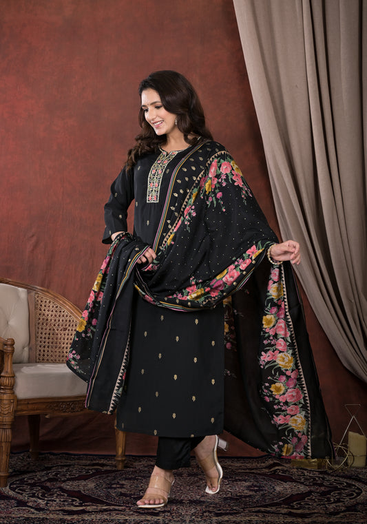 Black Embroidered Straight Suit Set