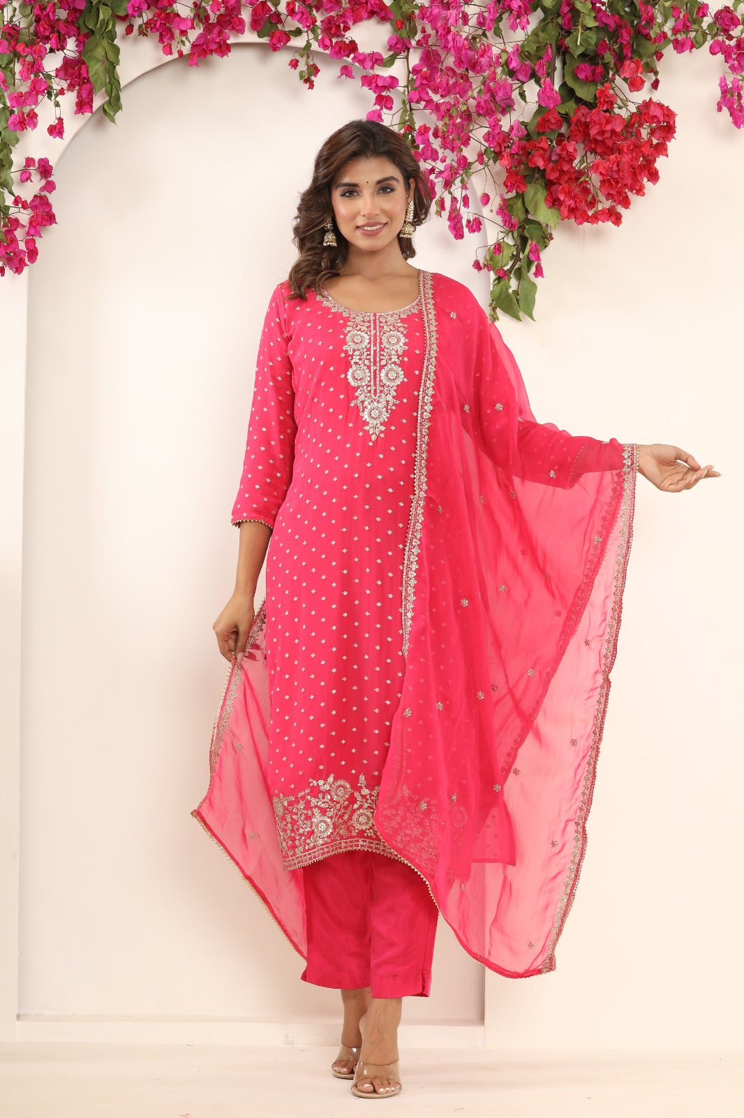 Fuchsia Pink Bandhani Dupatta Suit Set