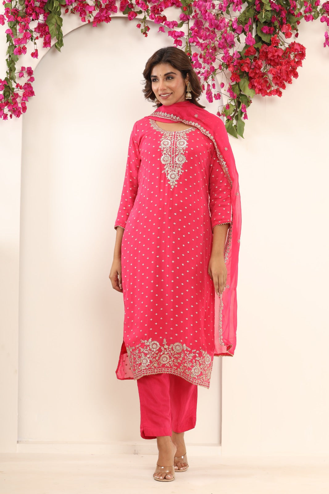 Fuchsia Pink Bandhani Dupatta Suit Set