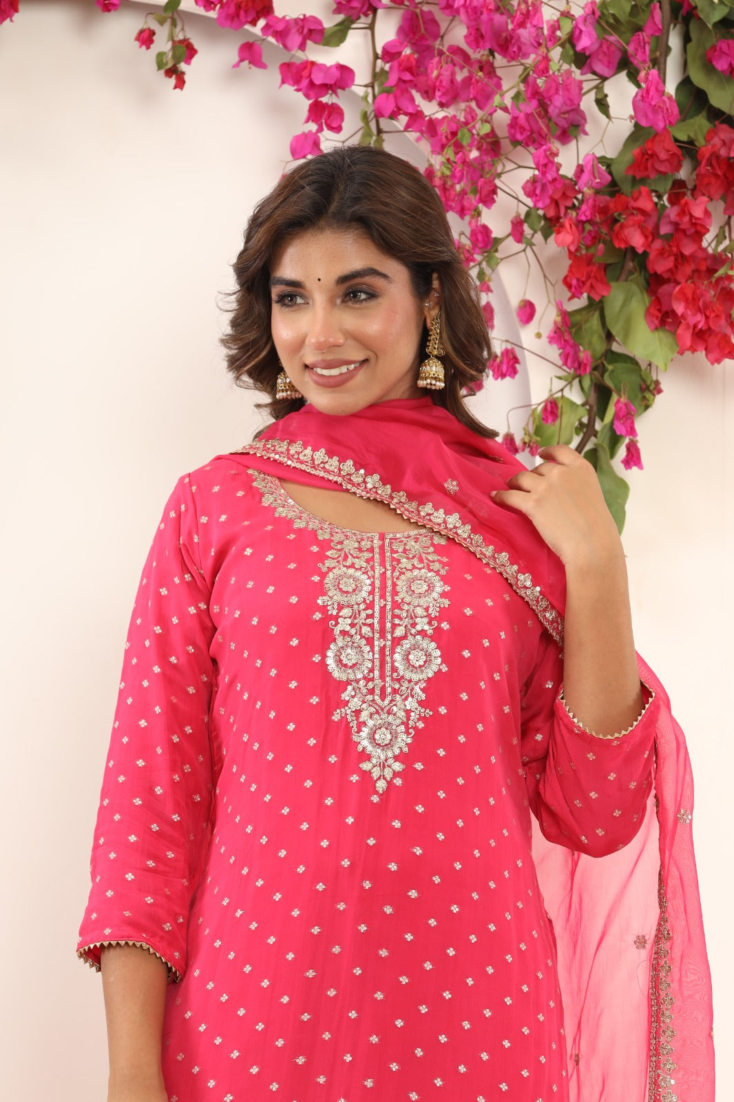 Fuchsia Pink Bandhani Dupatta Suit Set