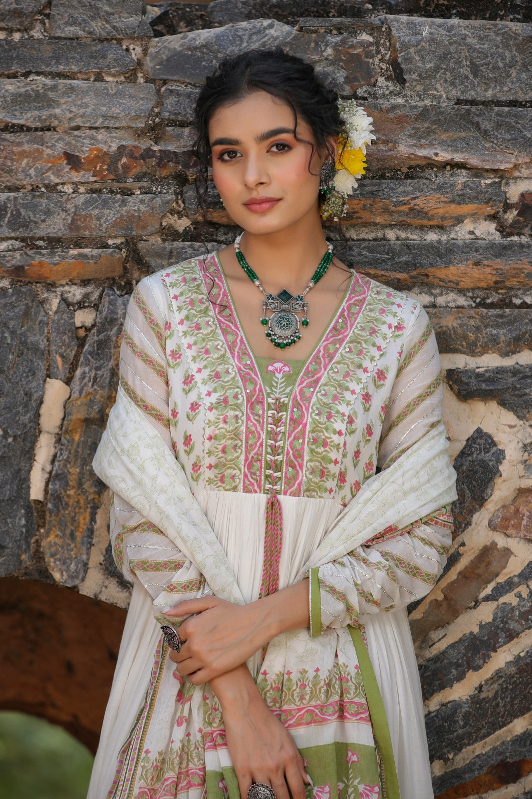 Irish Green Mulmul Nazraana Gown with Dupatta