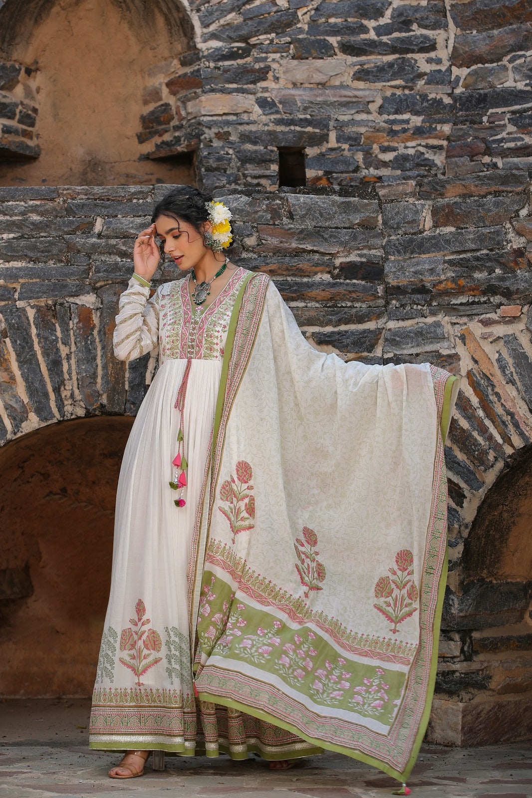 Irish Green Mulmul Nazraana Gown with Dupatta