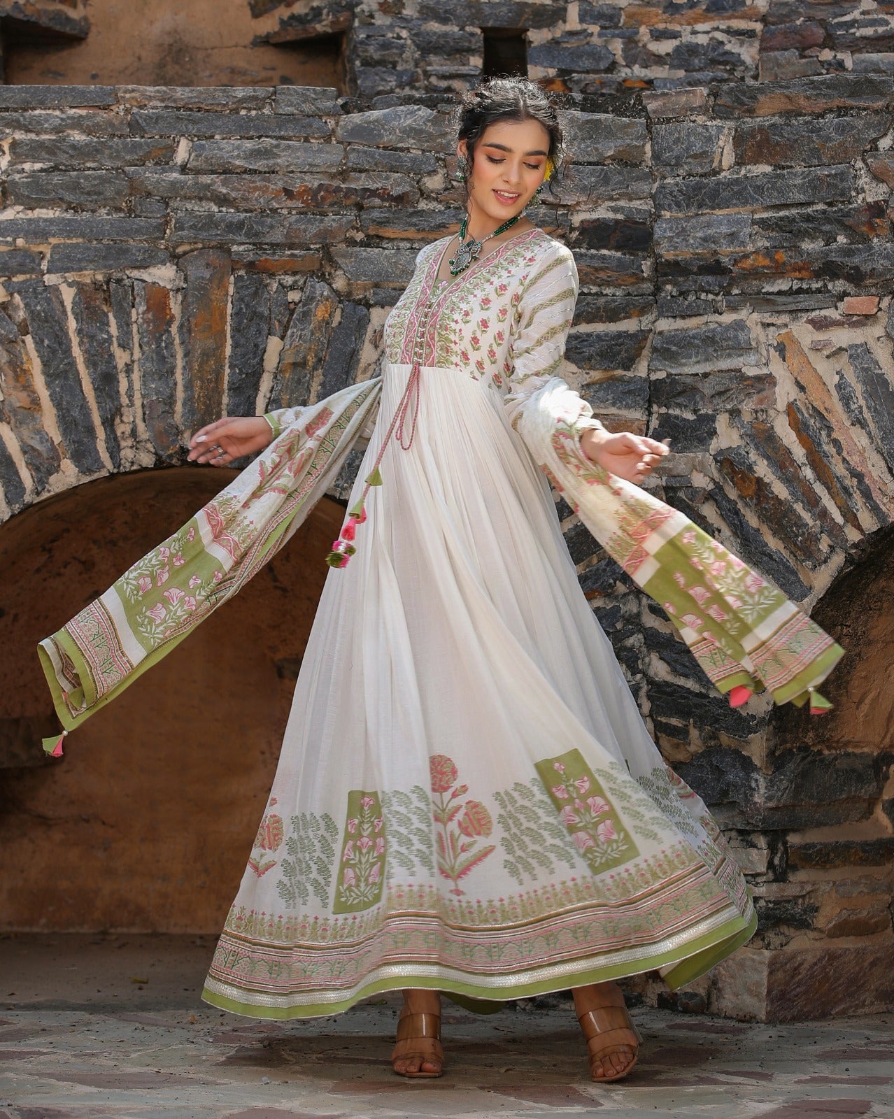 Irish Green Mulmul Nazraana Gown with Dupatta