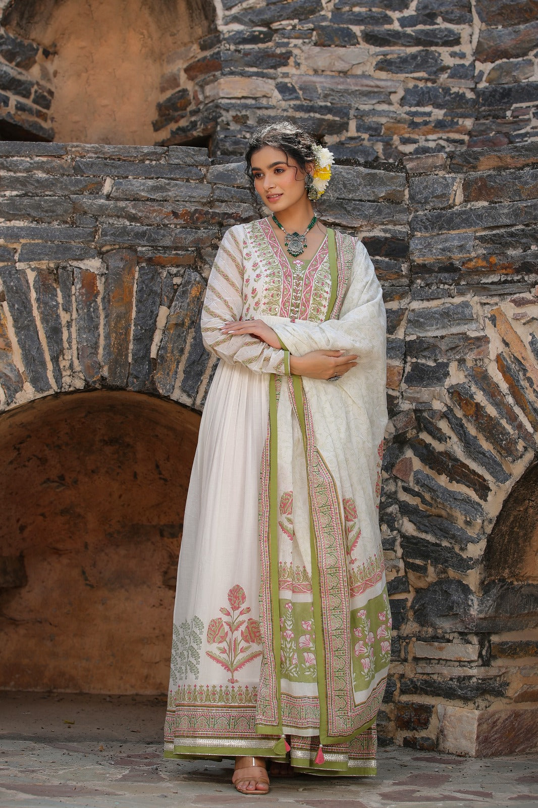 Irish Green Mulmul Nazraana Gown with Dupatta