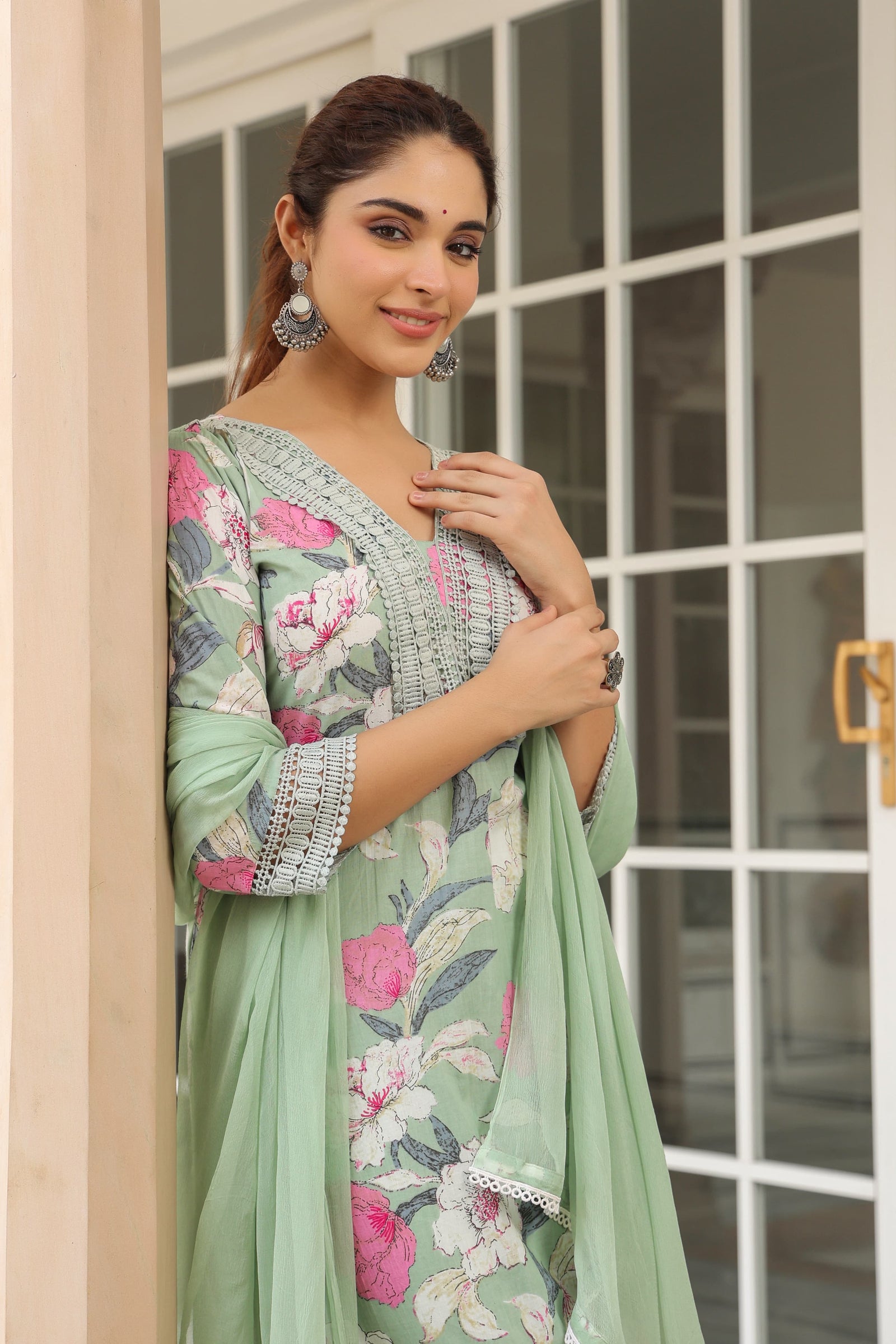 Green Lace Work Cotton Kurta Set