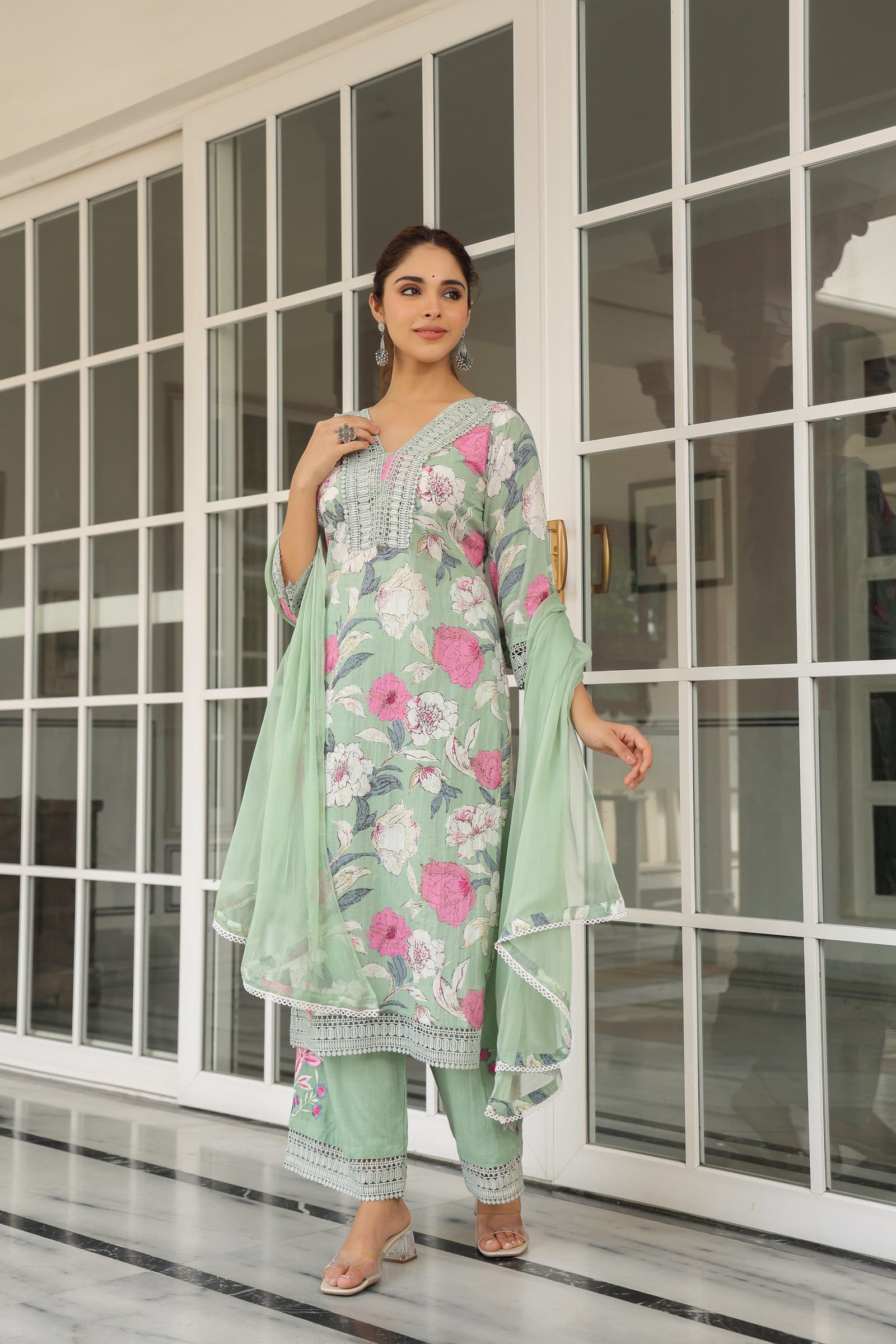 Green Lace Work Cotton Kurta Set