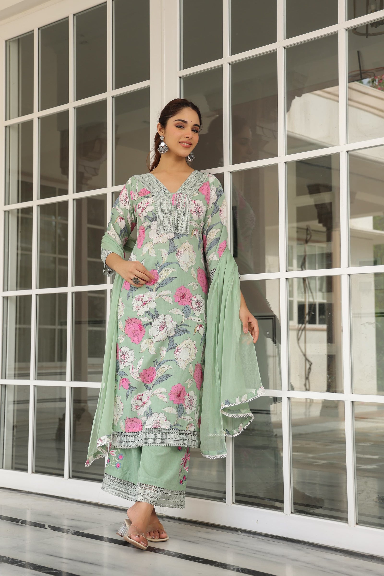 Green Lace Work Cotton Kurta Set