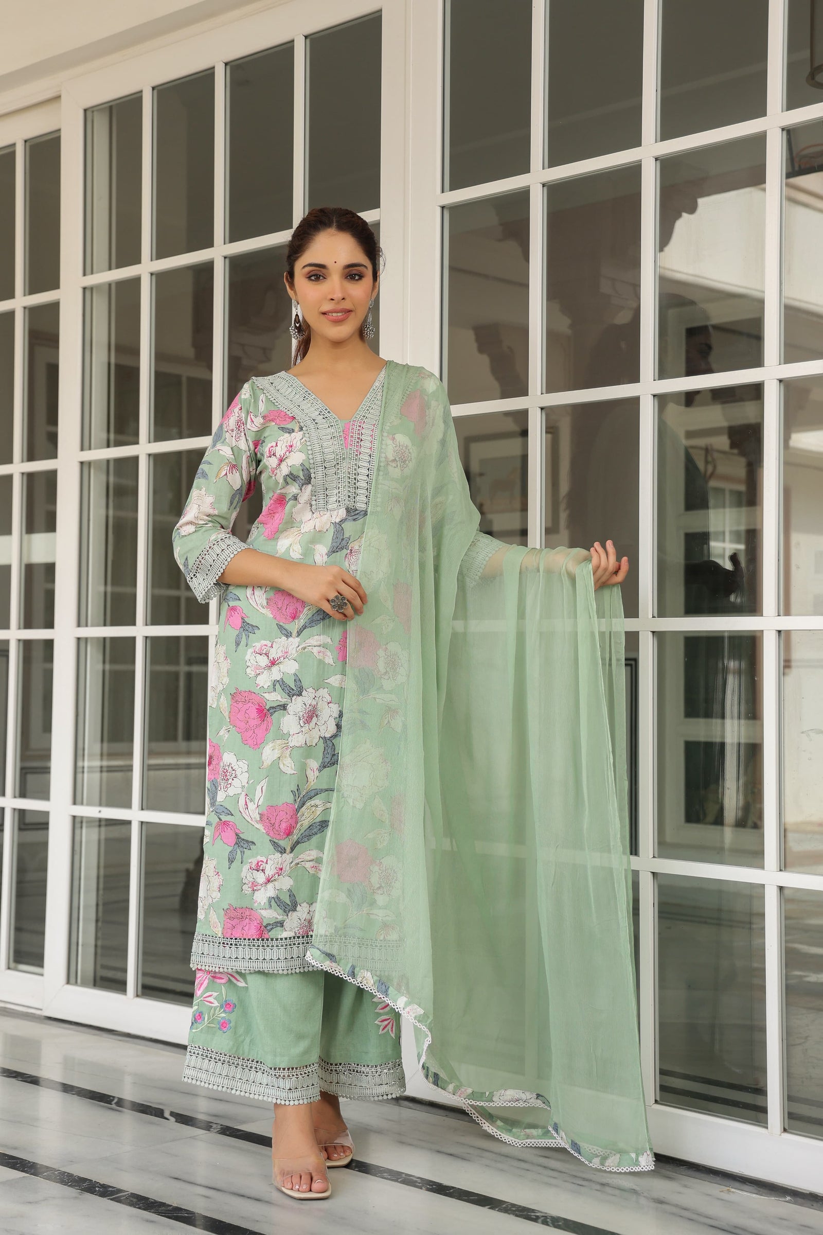 Green Lace Work Cotton Kurta Set