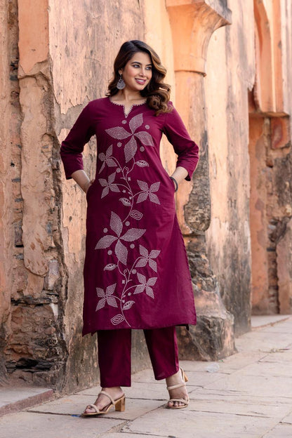 Wine Embroidered Cotton Kurta Pant