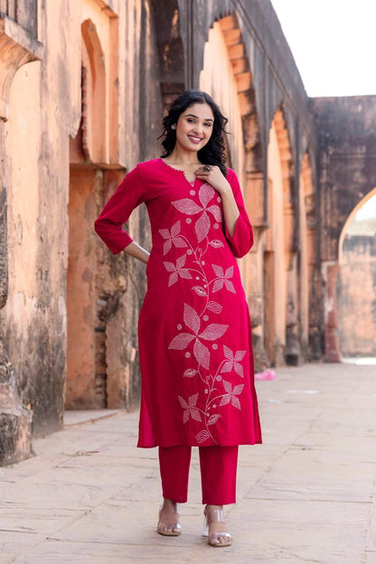 Red Embroidered Cotton Kurta Pant