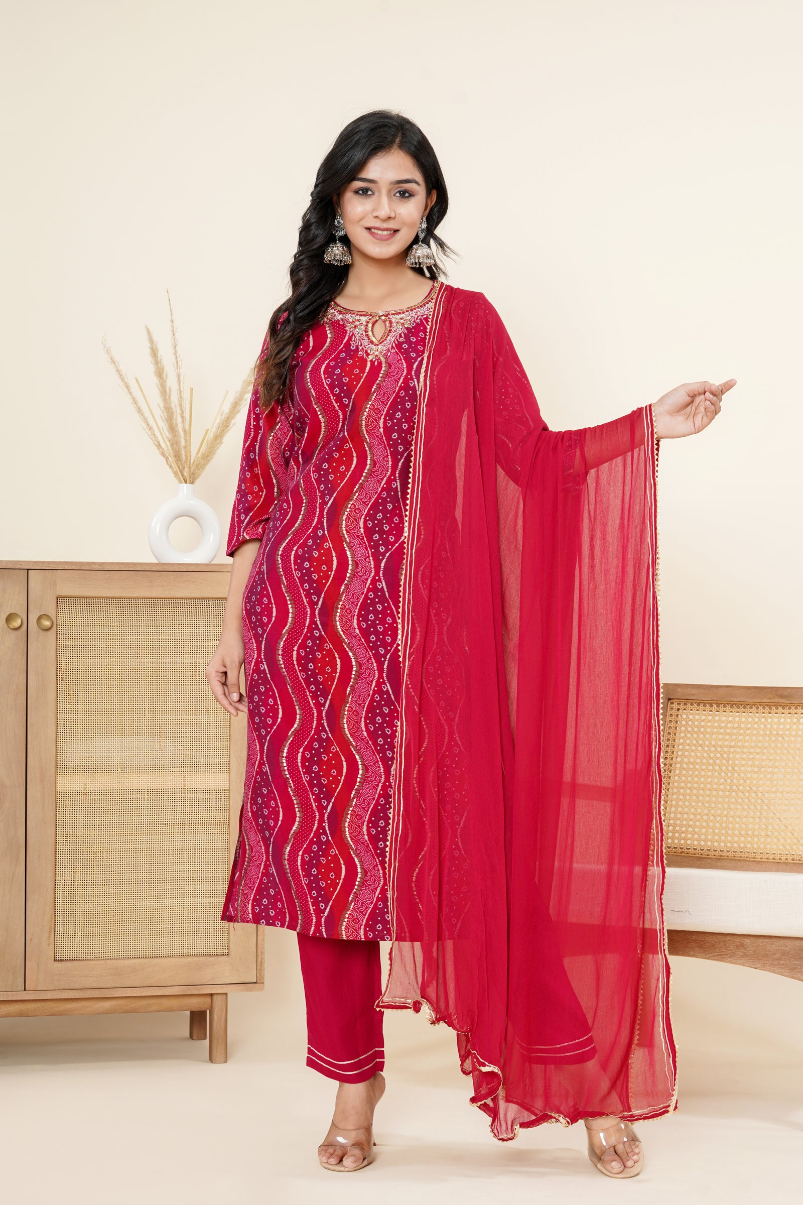 Muslin Red Zig-Zag Suit Set