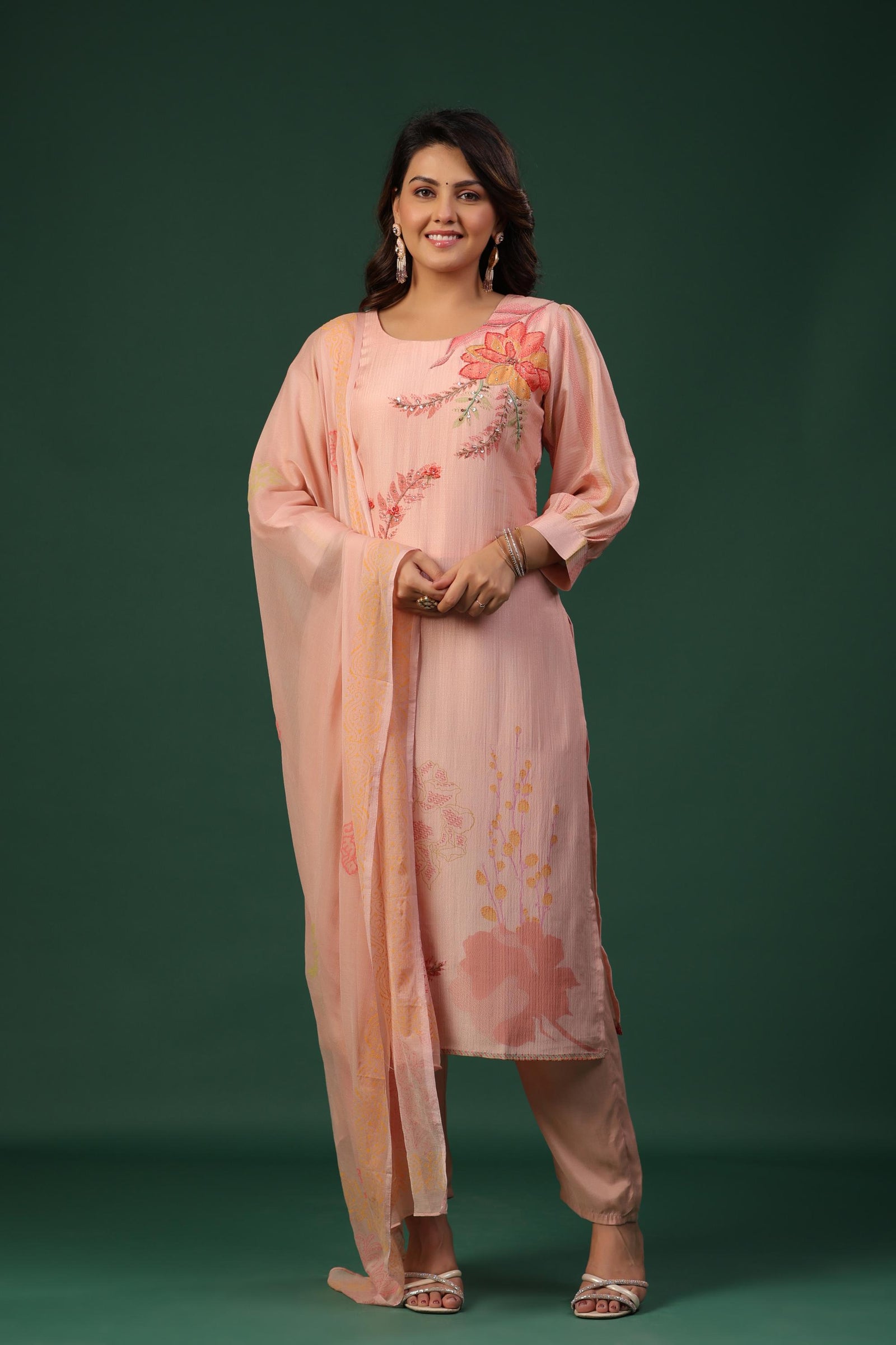 Nude Pink Embroidered Suit Set with Dupatta