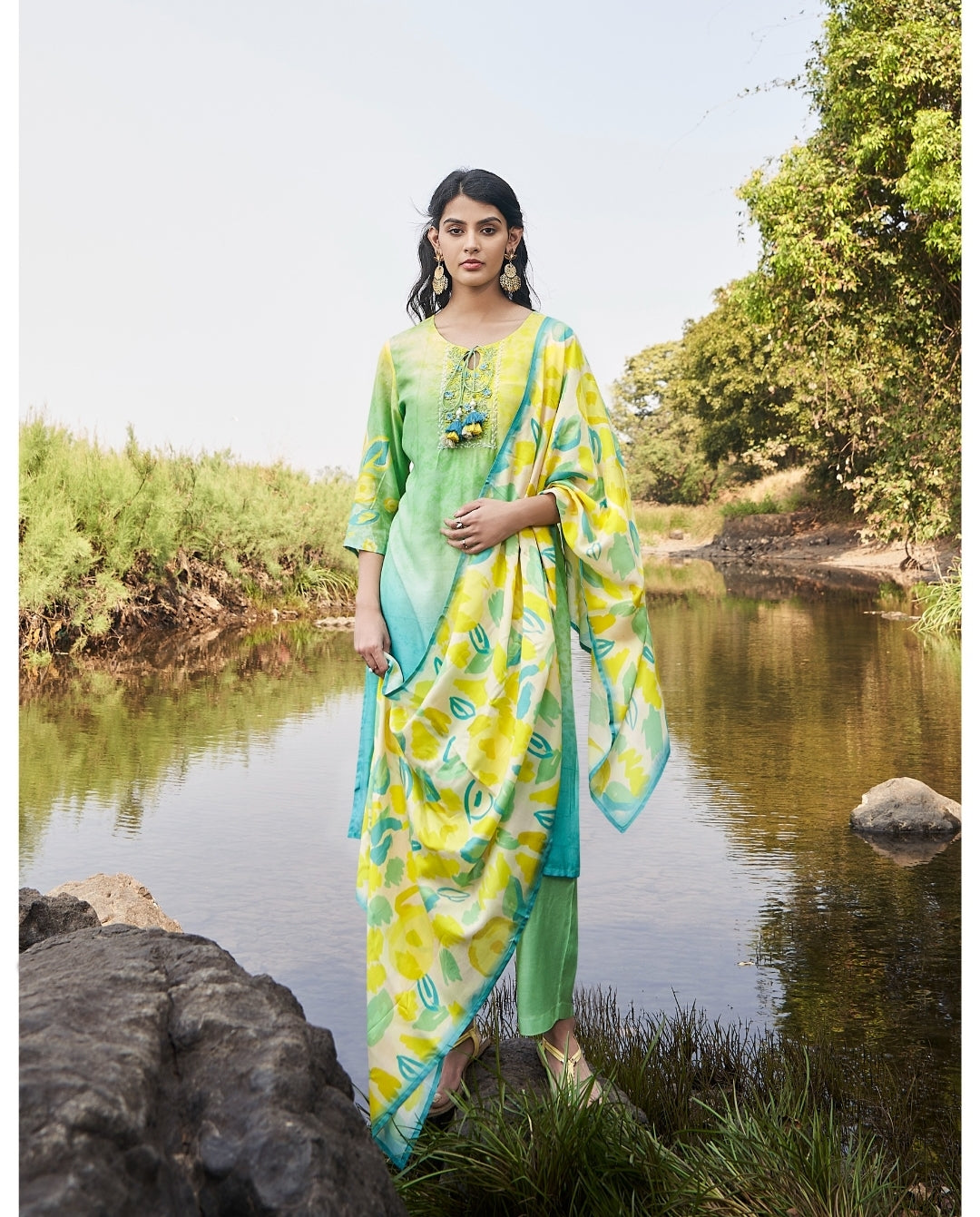 Abstract Green-Yellow Suit Set with Dupatta