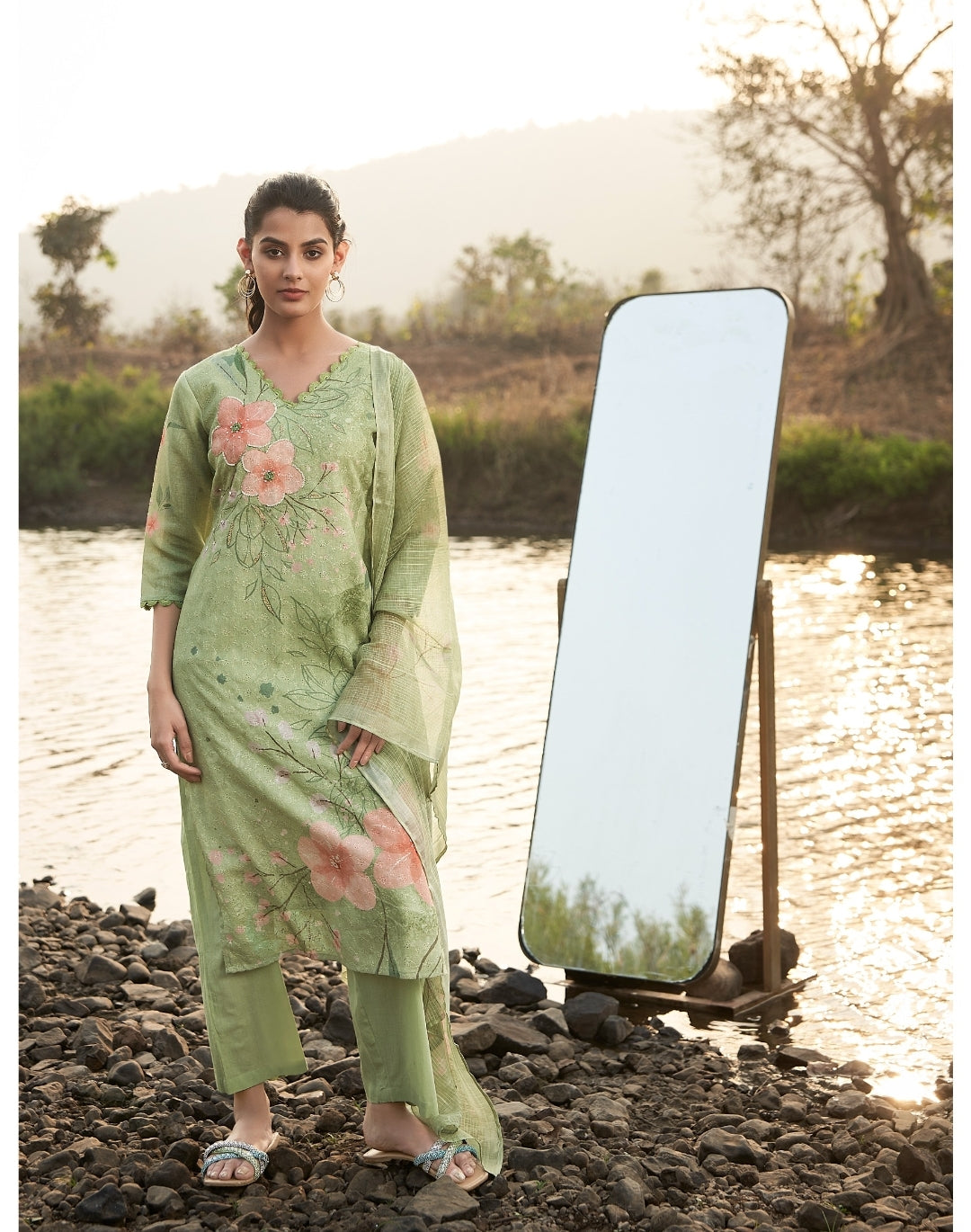 Green Linen Cotton Floral Kurta Set