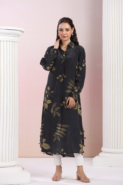 Pure Crepe Floral Printed Shirt Collar Dress