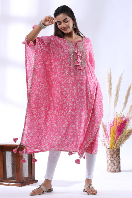 Pink Printed Muslin Kaftan with Tassles & Heavy Embroidery